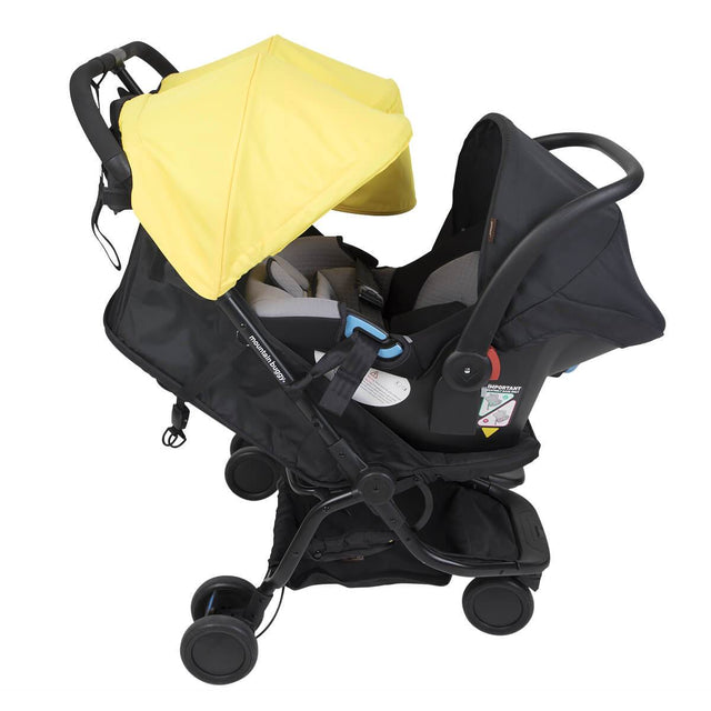 Mountain Buggy nano duo car seat adaptor attached to protect car seat on the nano du stroller side view in colour cyber_default