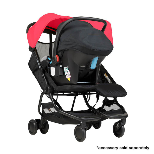 Mountain Buggy nano duo double lightweight buggy fitted with protect car seat in colour ruby_ruby