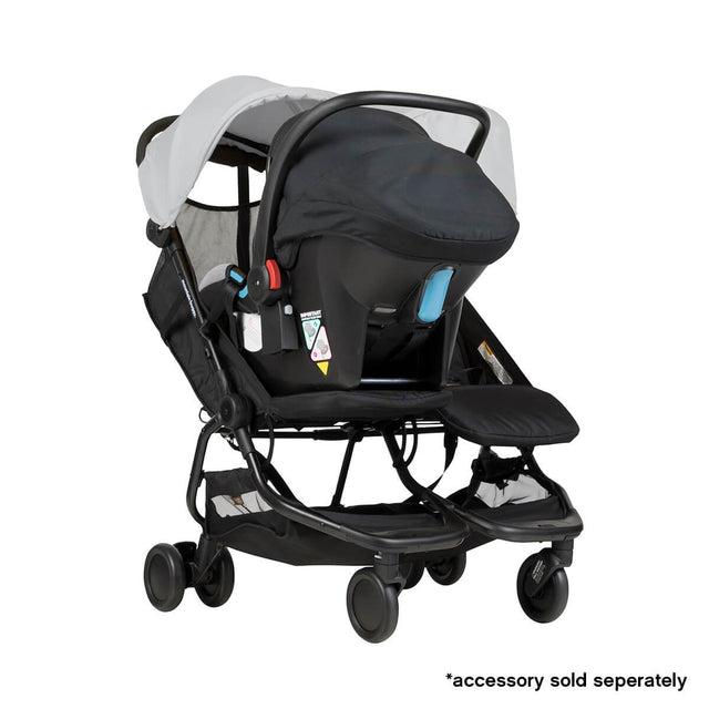 Mountain Buggy nano duo double lightweight buggy fitted with protect car seat in colour silver_silver