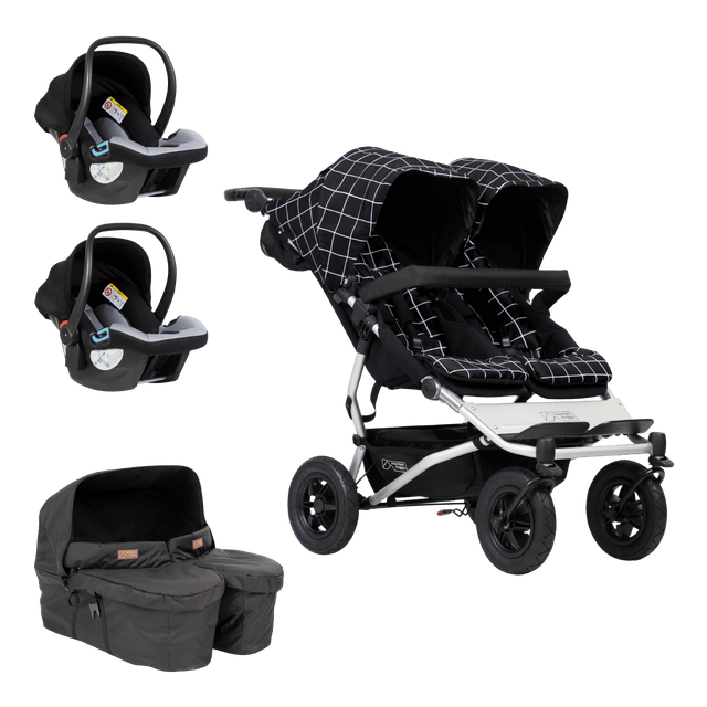 Mountain Buggy duet buggy travel sysetm bundle showing stroller carrycotplus for twins and 2 protect infant car seats as part of bundle
