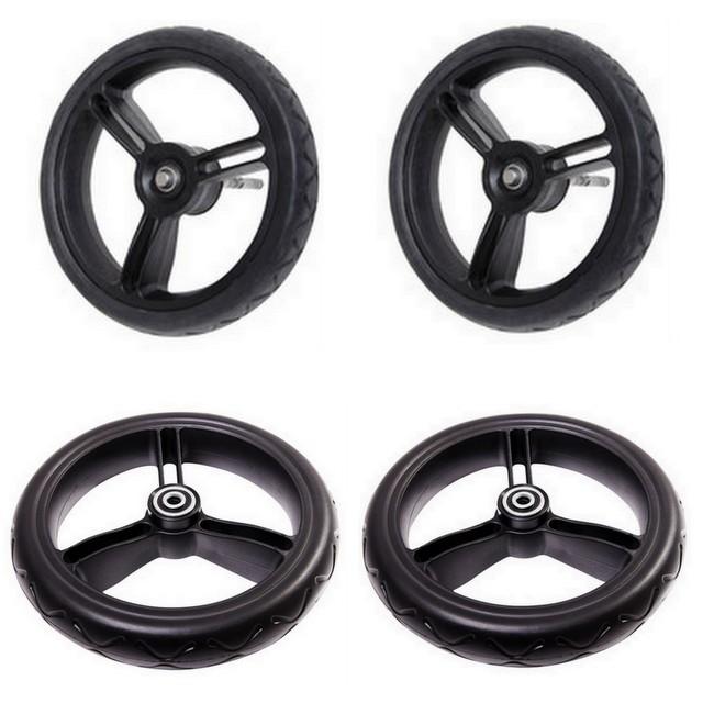 Mountain Buggy aerotech wheel bundle for pre-2017 duet strolllers showing 2 front and 2 rear wheels in black_black