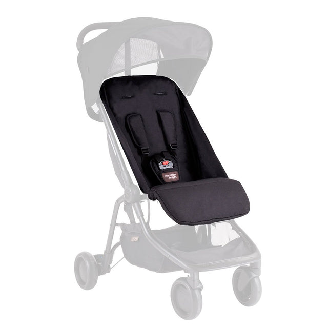Mountain Buggy replacement nano buggy black seat fabric shown on ghosted buggy frame in black_black