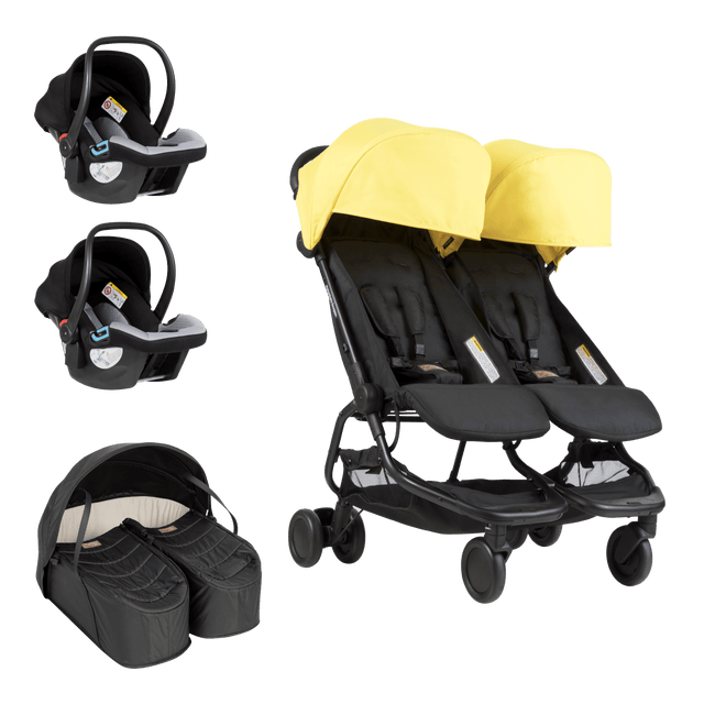 Mountain Buggy nano duo double stroller bundle showing cocoon for twins and two protect infant car seats as part of the bundle